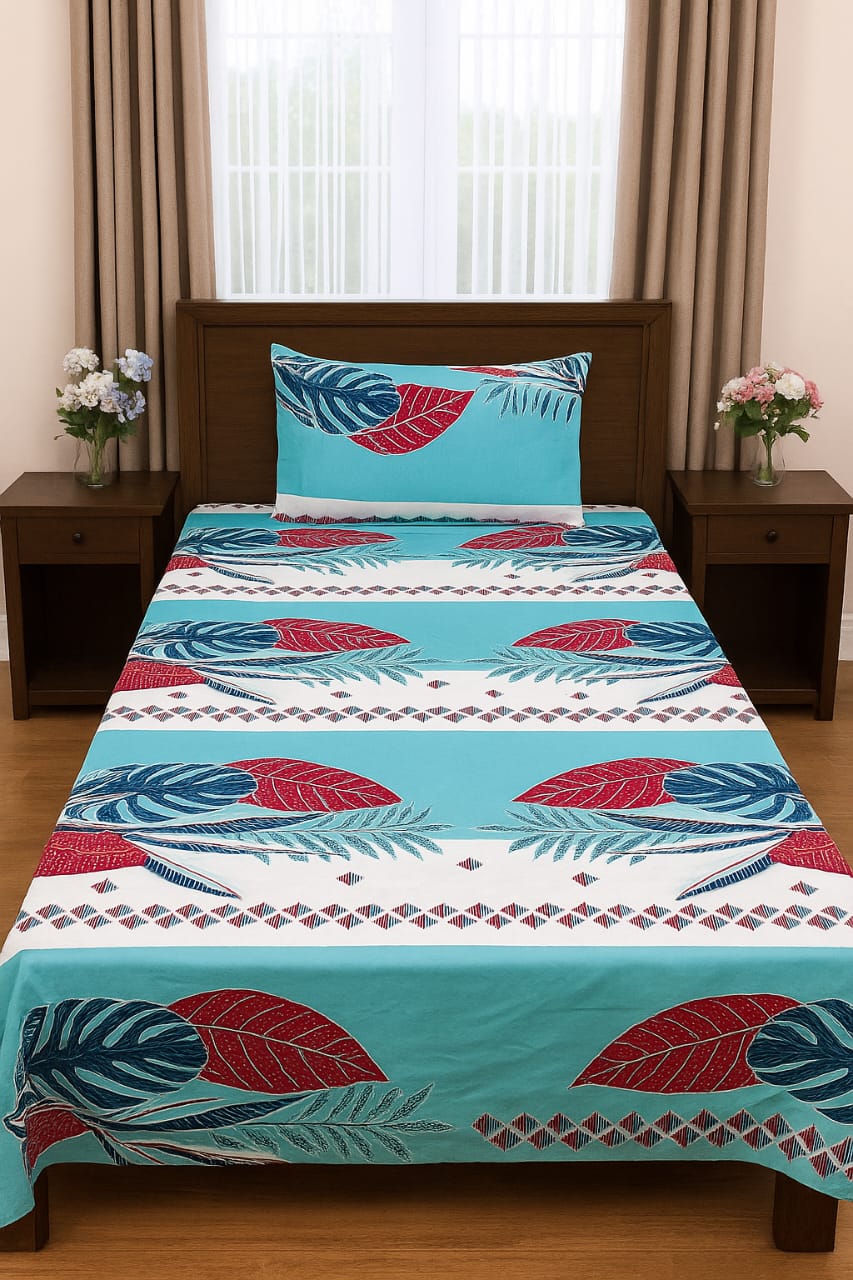 Sky Blue Tropical Leaf Bedsheet