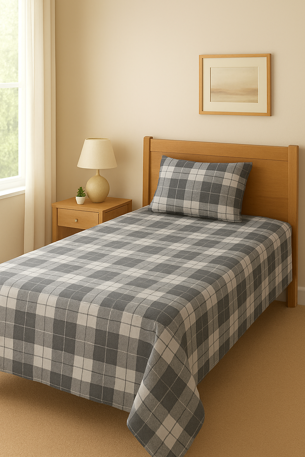 CozyCheck Grey Cotton Single BedSheet