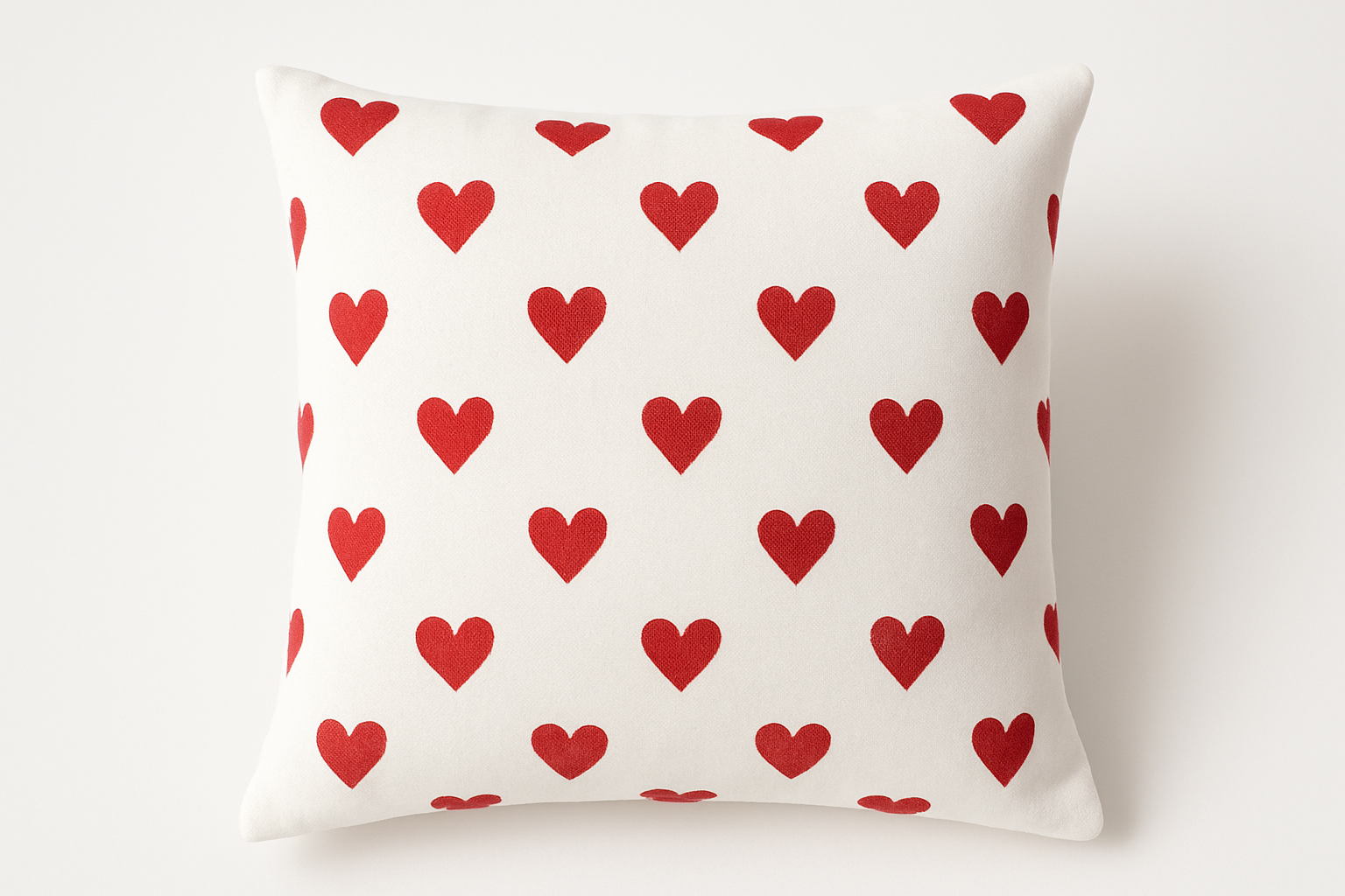 white pillow cover with red hearts print on it 